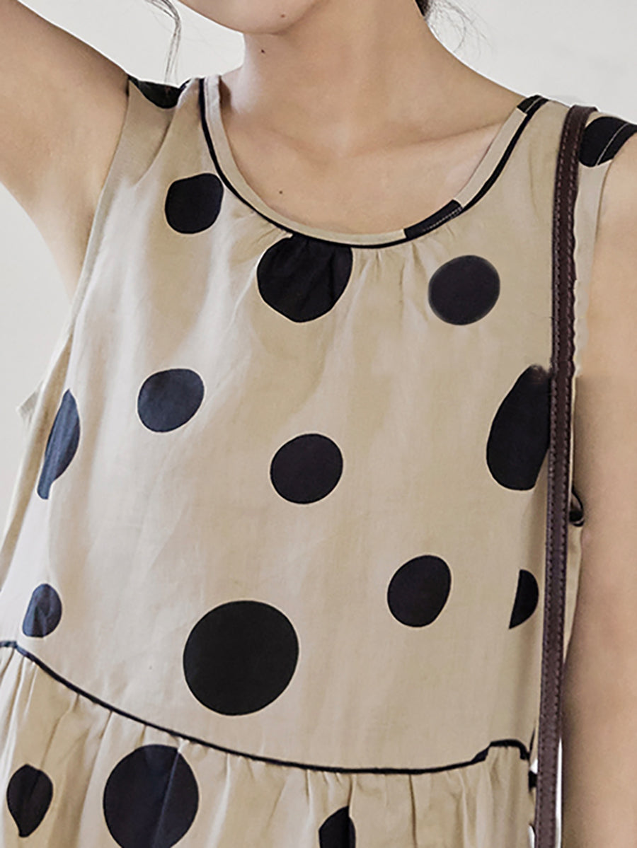 Vestito estivo casual da donna con coulisse in lino e pois
