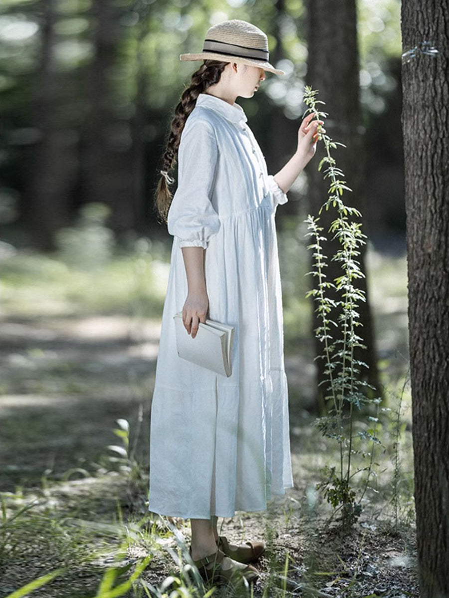 Women 100%Linen Shirred Solid Spring Dress