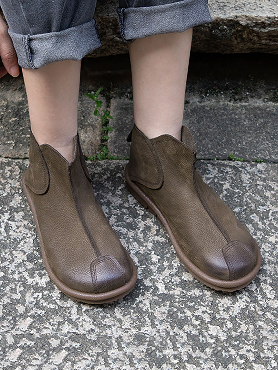 Women Vintage Genuine Leather Spliced Flat Ankle Boots