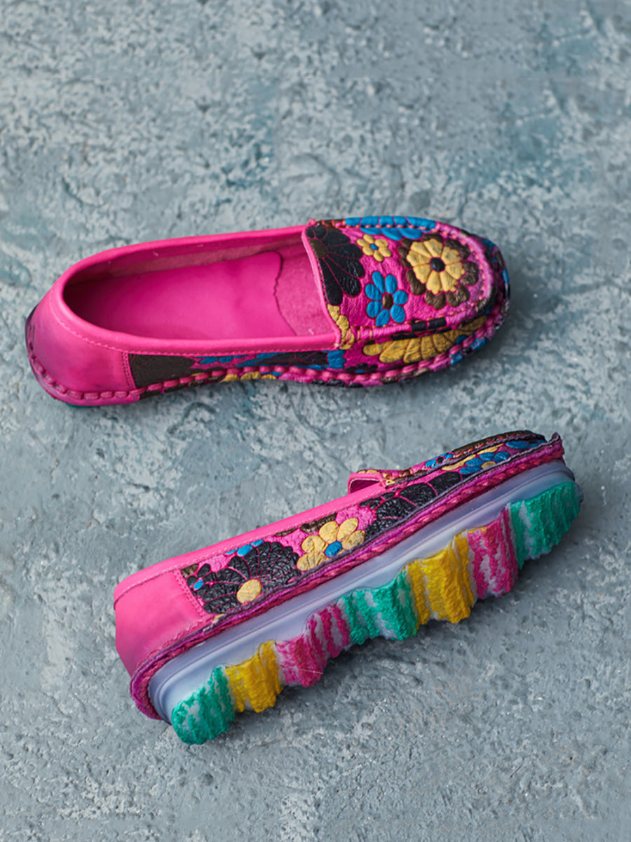 Scarpe piatte morbide in pelle con fiori estivi da donna