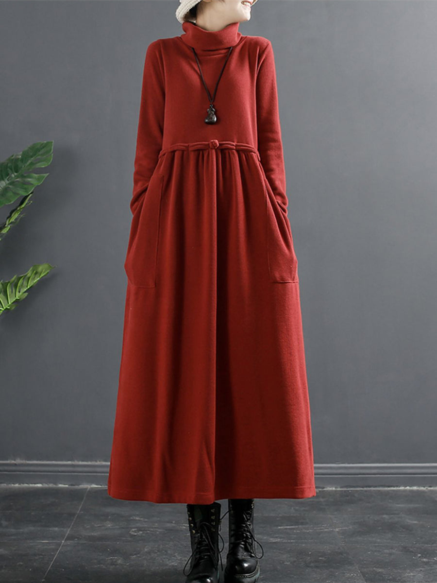Abito lungo drappeggiato con collo alto in colore puro da donna