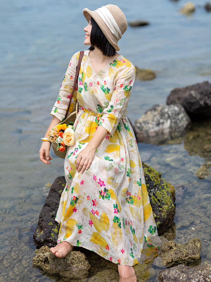 Abito da donna in ramiè con scollo a V e motivo floreale Prairie Chic estivo