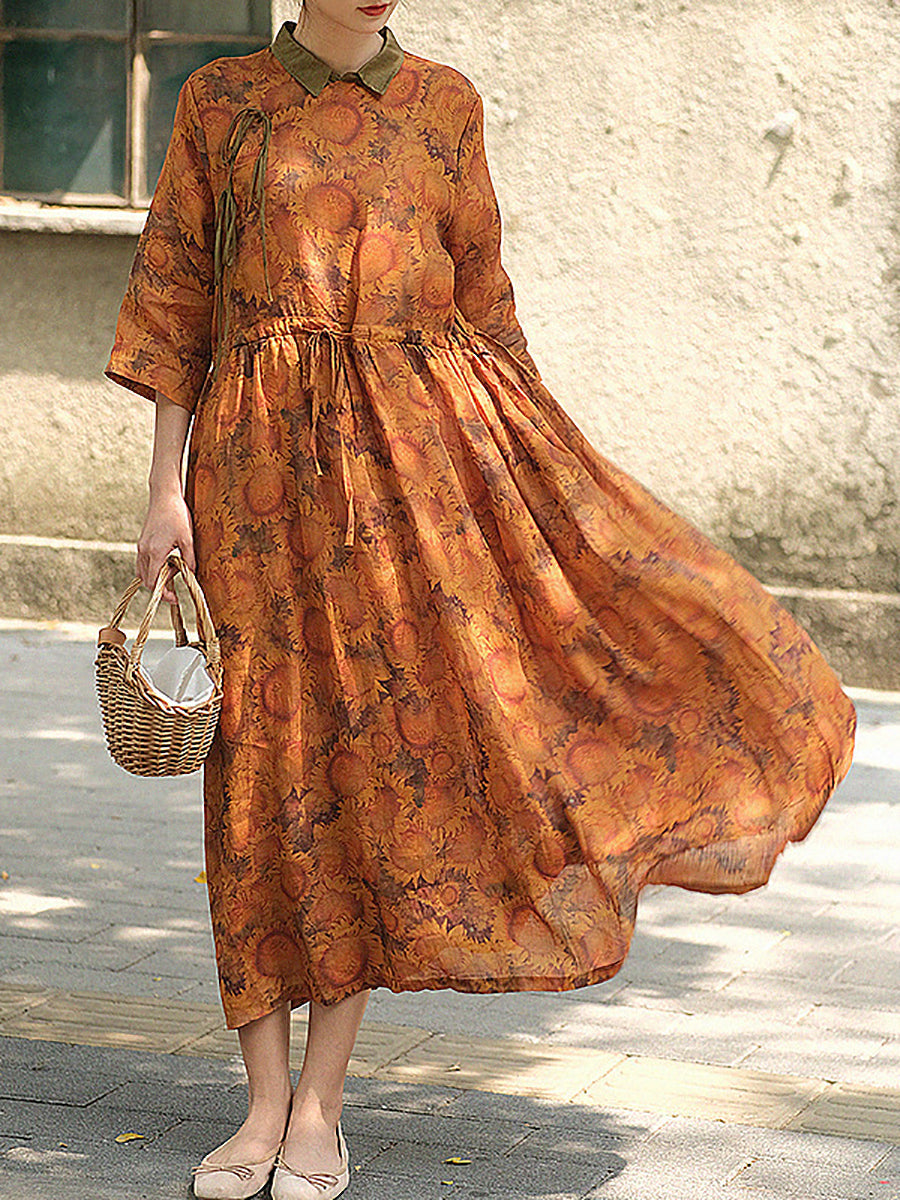 Women Chinese Style Drawstring Print Loose Dress
