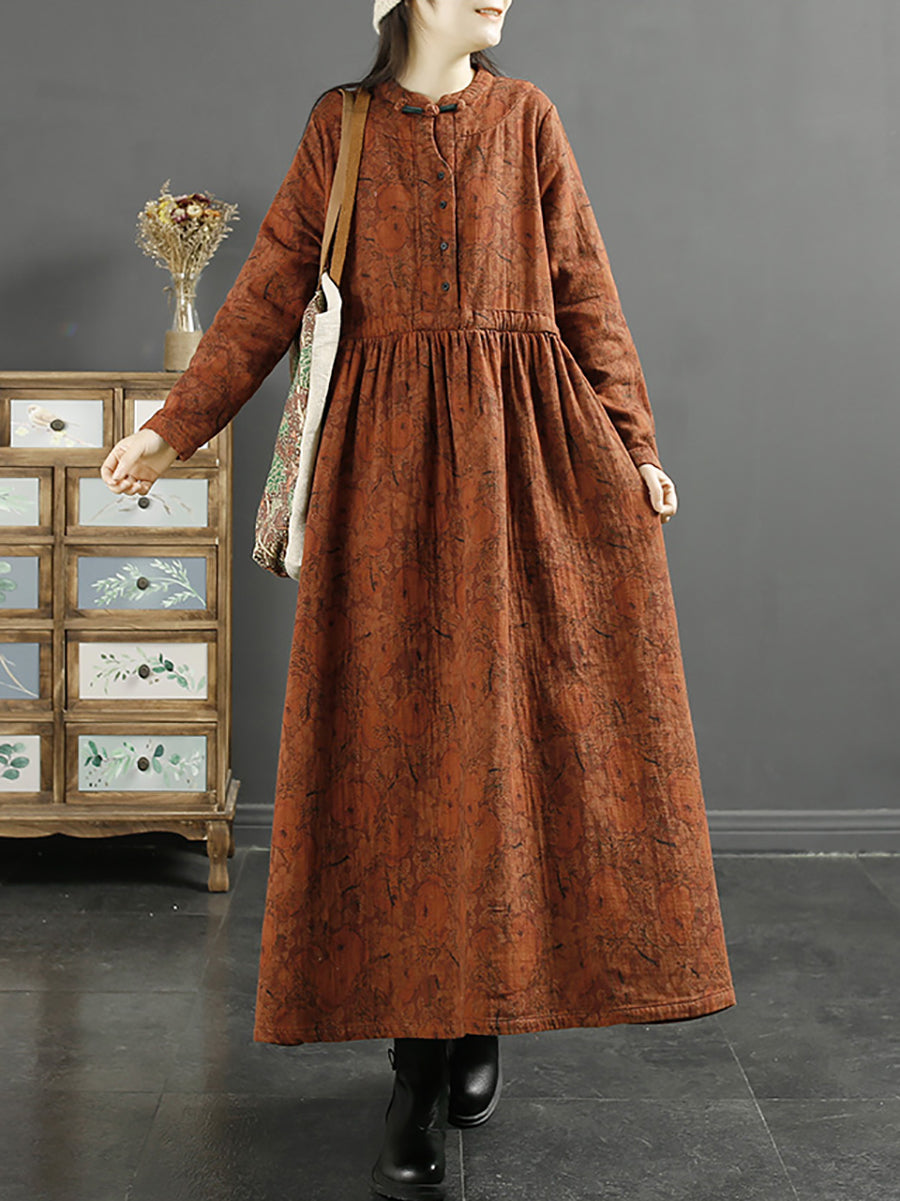 Abito da donna in cotone con stampa a foglia vintage autunnale