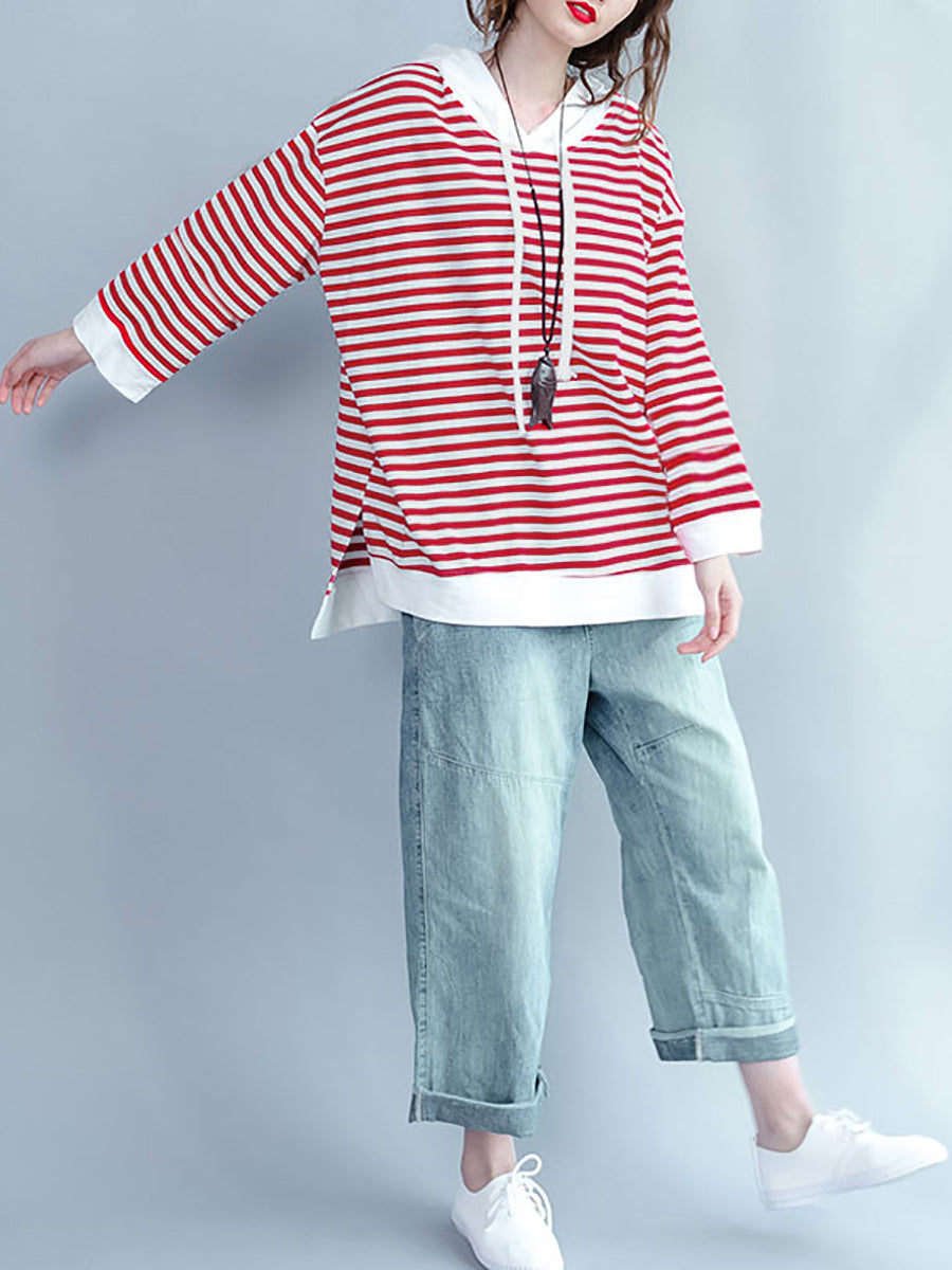 Chemise à capuche rouge décontractée à rayures pour femmes