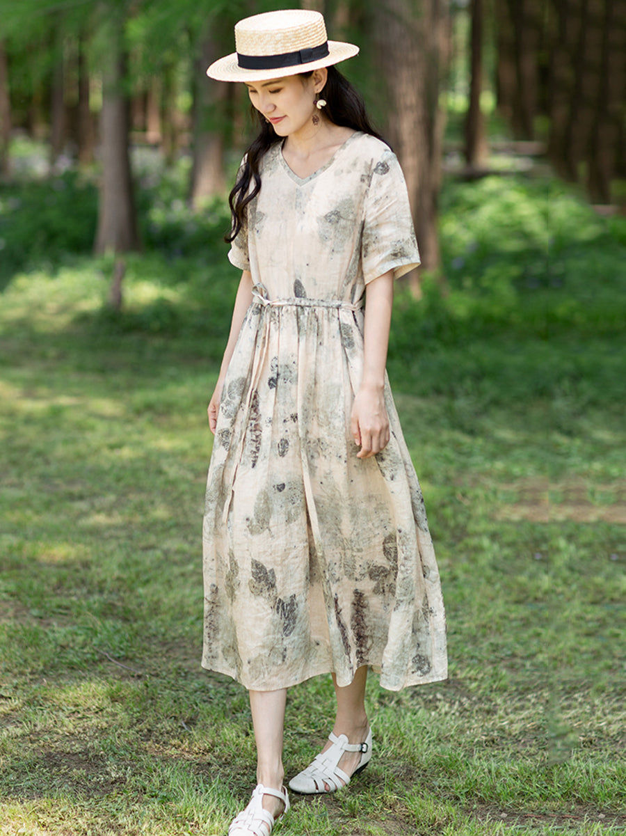 Robe en ramie à cordon de serrage et imprimé à l'encre pour femme
