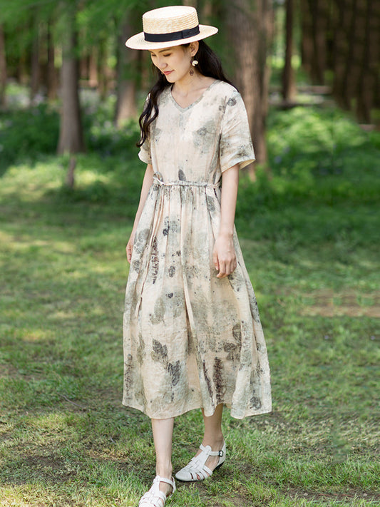 Women Artsy InkPrint Drawstring Ramie Dress