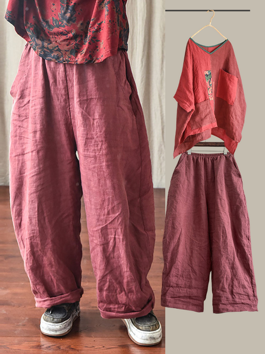 Pantalon en lin décontracté pour femme, couleur unie, ample, taille élastique