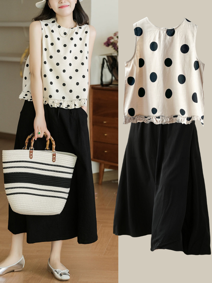 Gilet ample en coton à ourlet en dentelle à pois pour femme