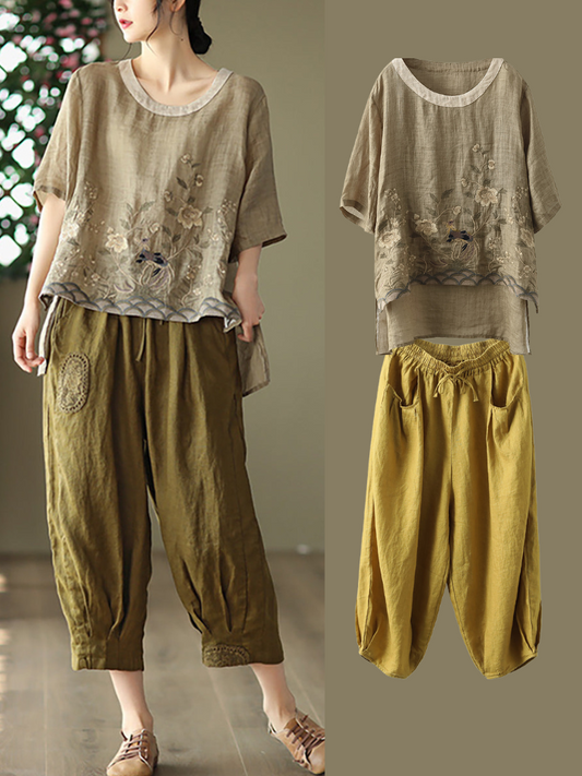 Maglietta primaverile casual da donna con ricamo Ramie