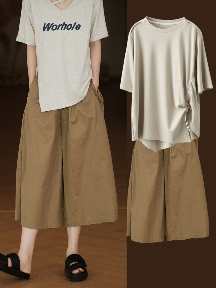 Pantalon d'été décontracté en coton à jambes larges avec poches solides pour femmes
