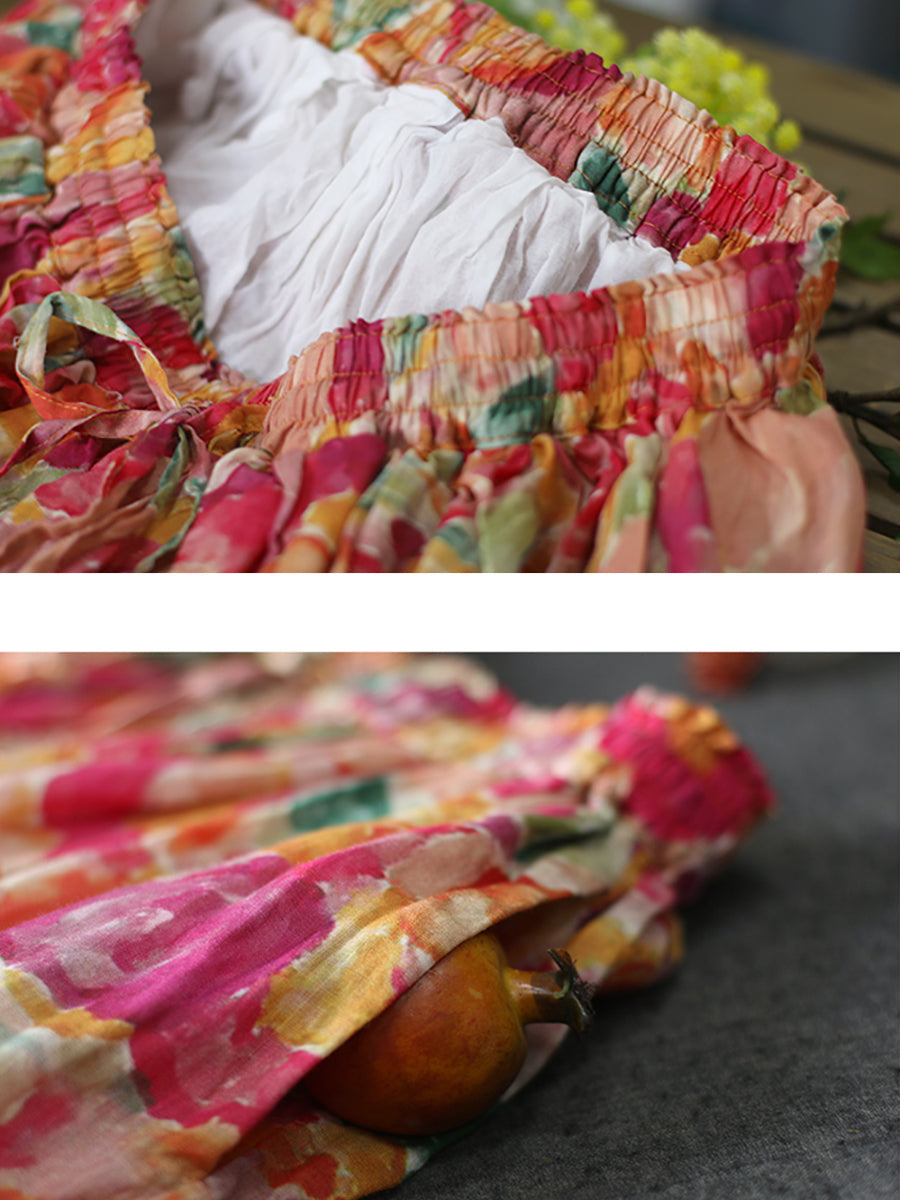 Gonna estiva da donna con coulisse in ramiè con fiori artistici