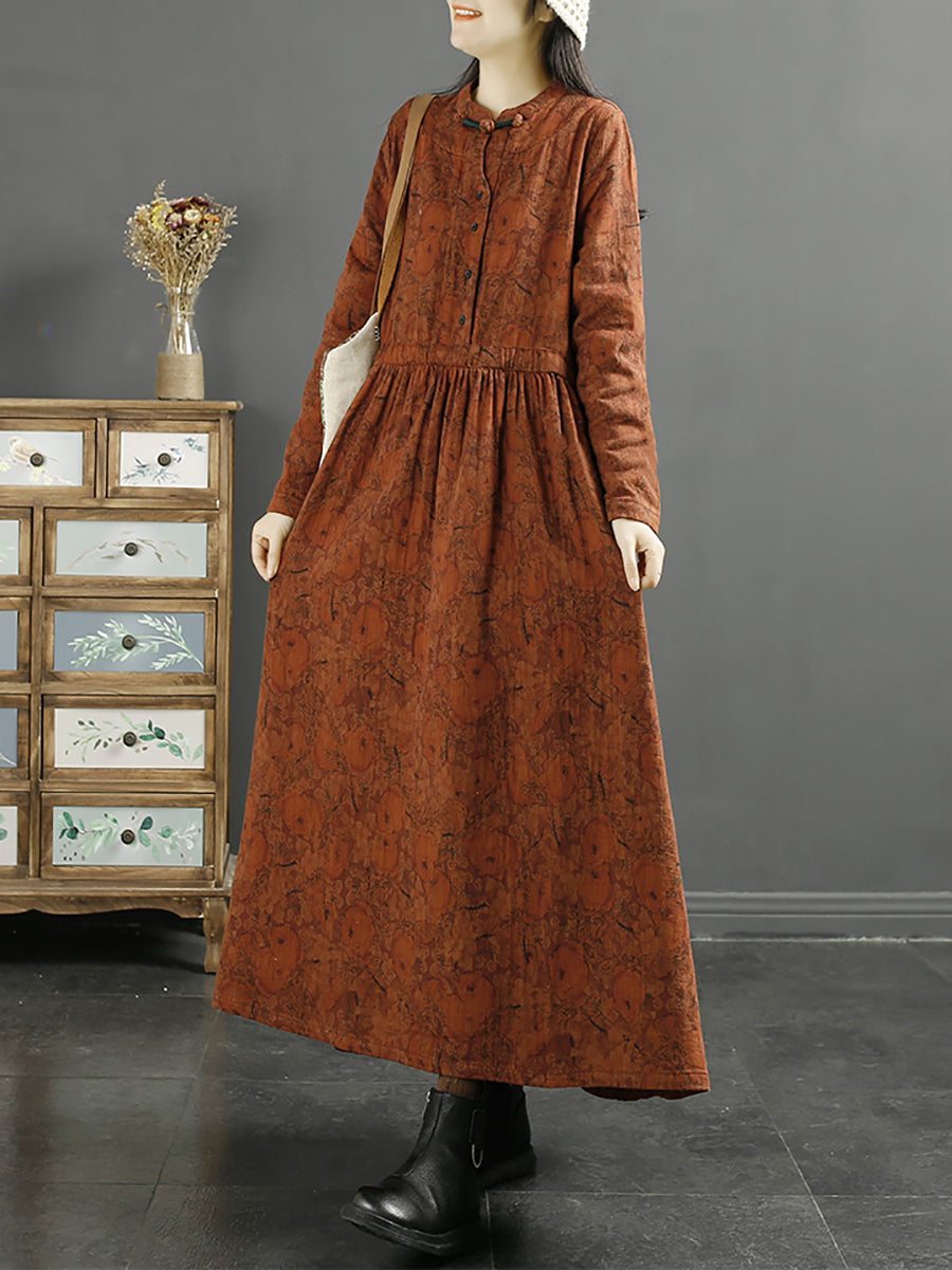 Abito da donna in cotone con stampa a foglia vintage autunnale