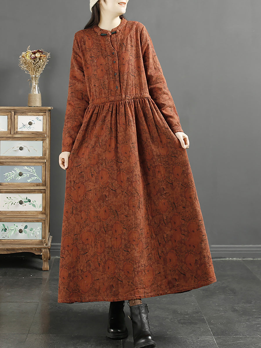Abito da donna in cotone con stampa a foglia vintage autunnale