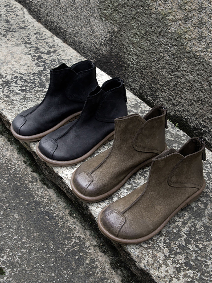 Women Vintage Genuine Leather Spliced Flat Ankle Boots