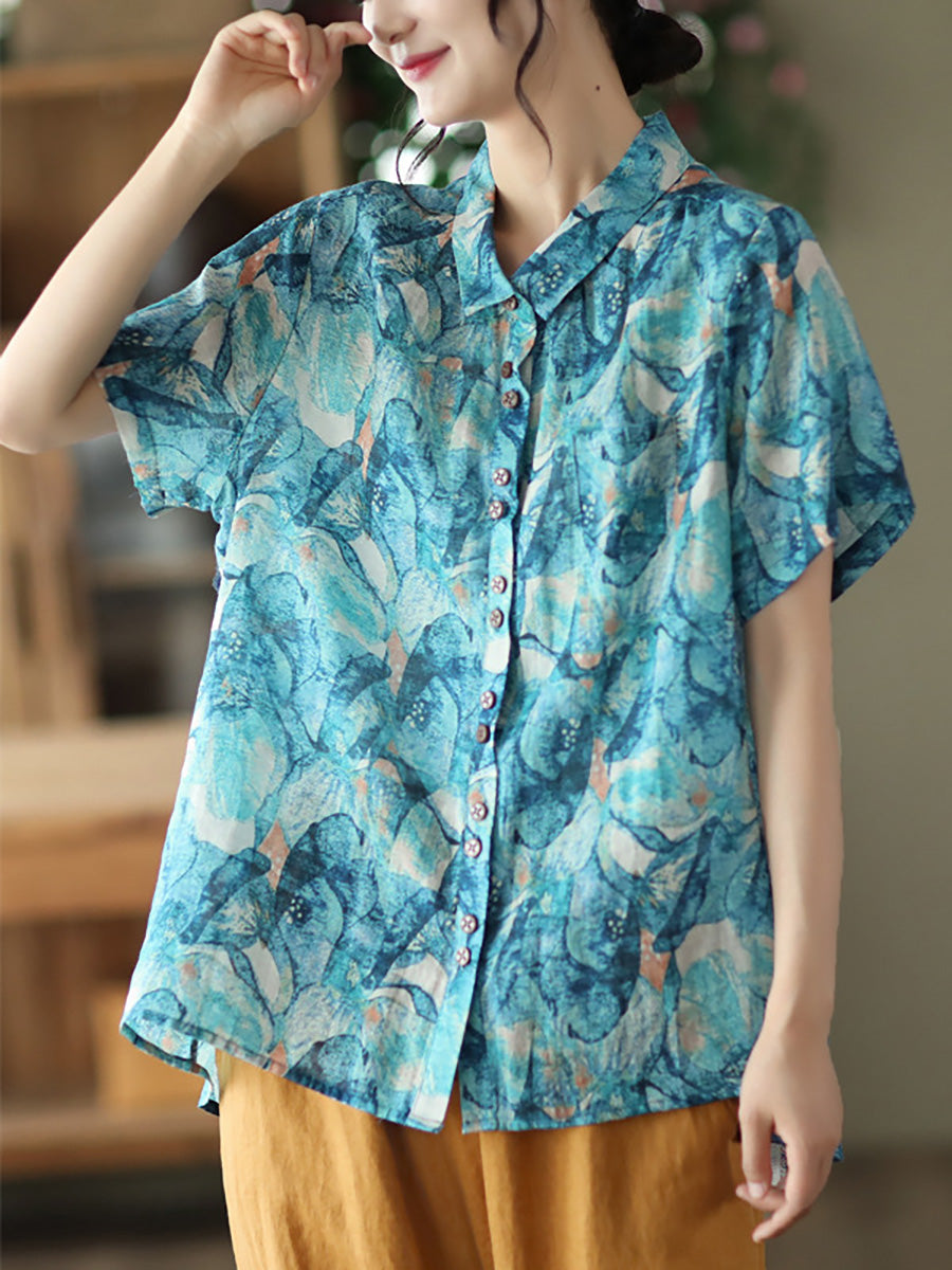 Camicia estiva vintage da donna con motivo floreale Ramie