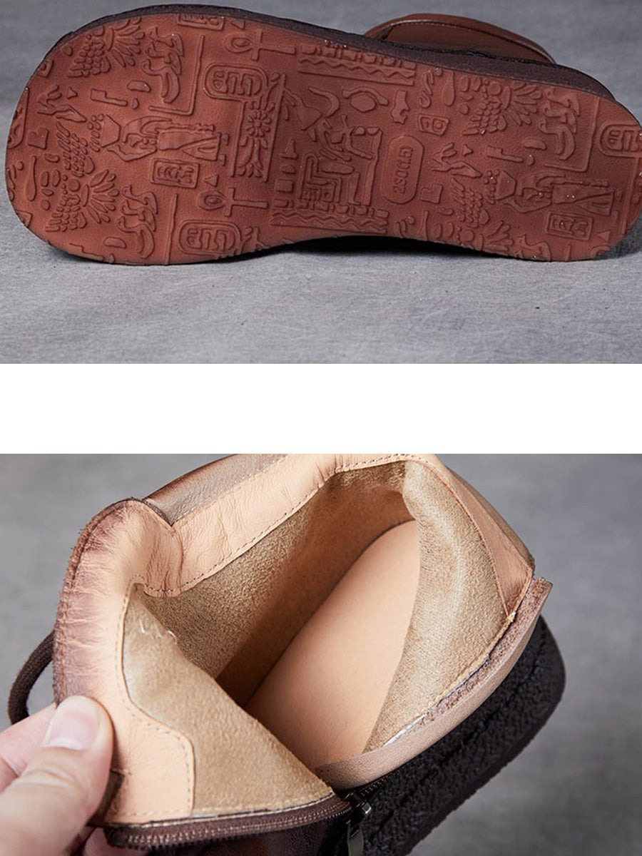 Bottes mi-talons rétro en cuir souple avec doublure polaire pour femmes 