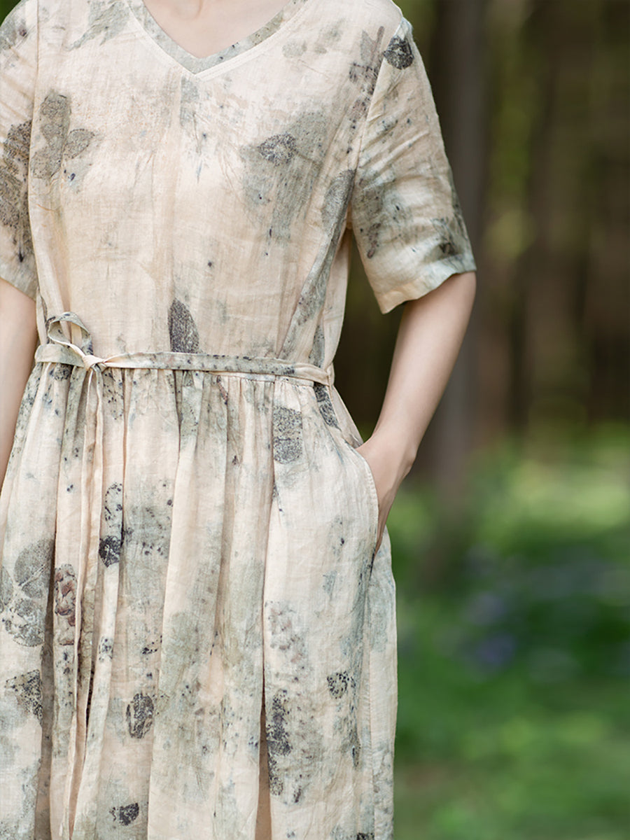Robe en ramie à cordon de serrage et imprimé à l'encre pour femme