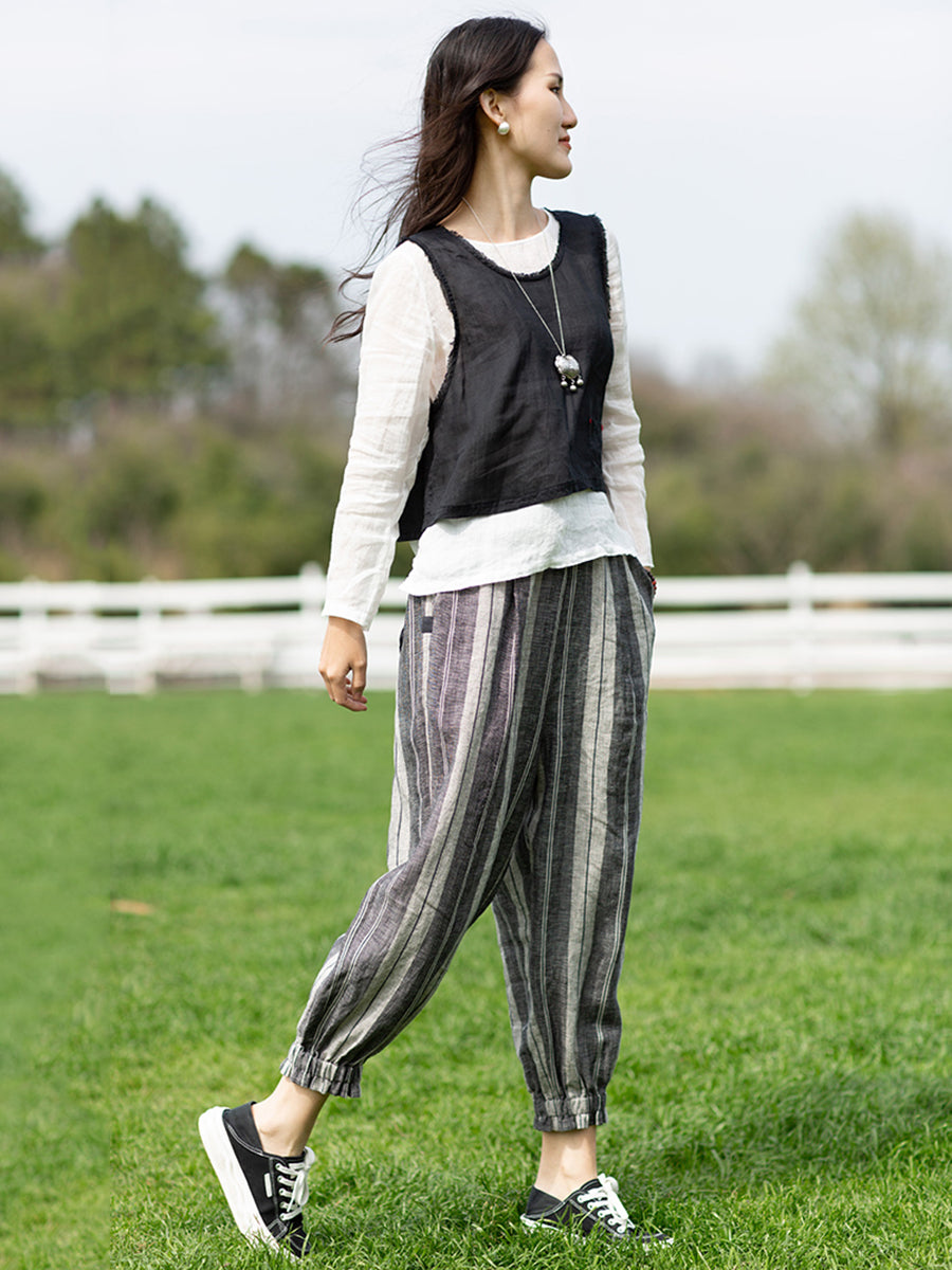 Women Retro Stripe Yarndyed Pocket Linen Harem Pants