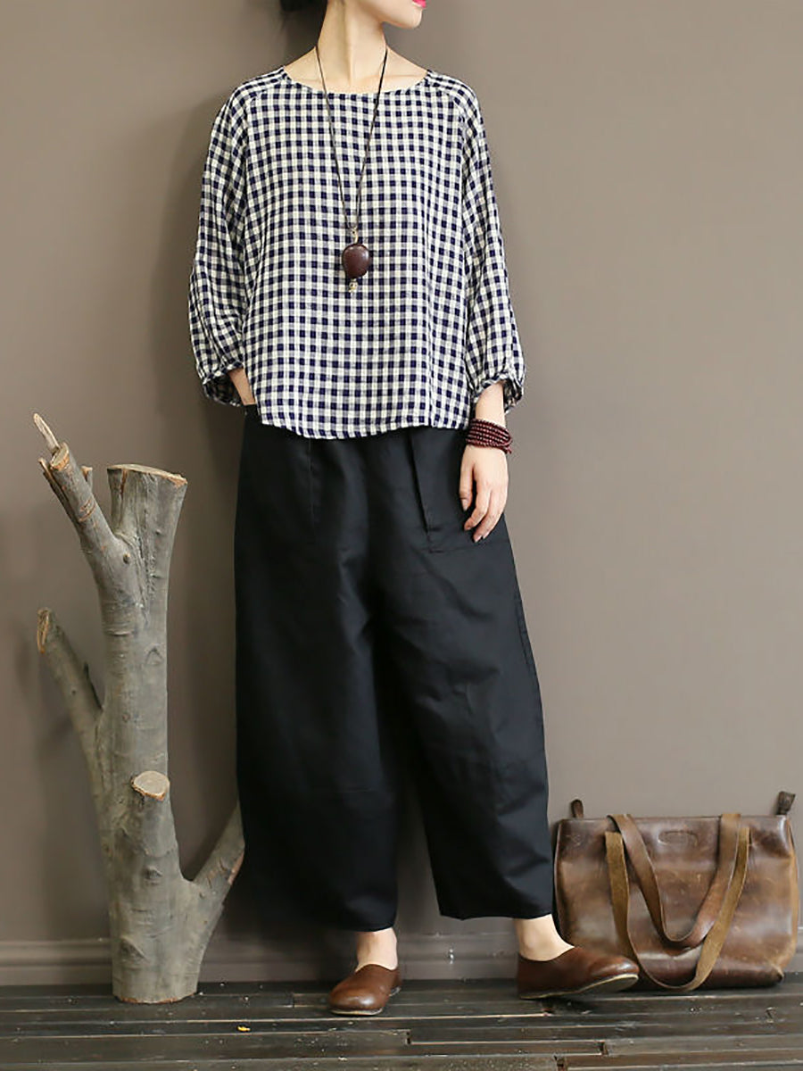 Maglione largo in cotone con motivo scozzese vintage estivo da donna