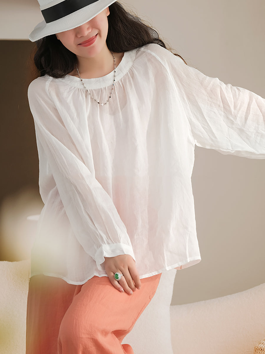 Camicia vintage estiva a maniche lunghe in ramiè da donna