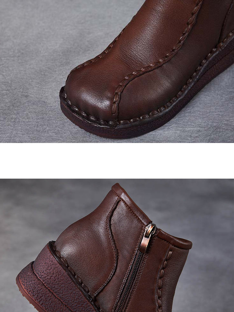 Bottes mi-talons rétro en cuir souple avec doublure polaire pour femmes 