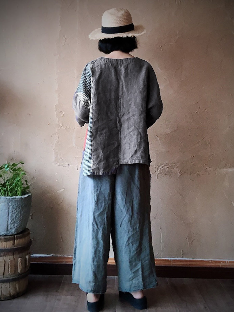 Camicia da donna in lino con toppa retrò, tasca con giunture irregolari e ampia