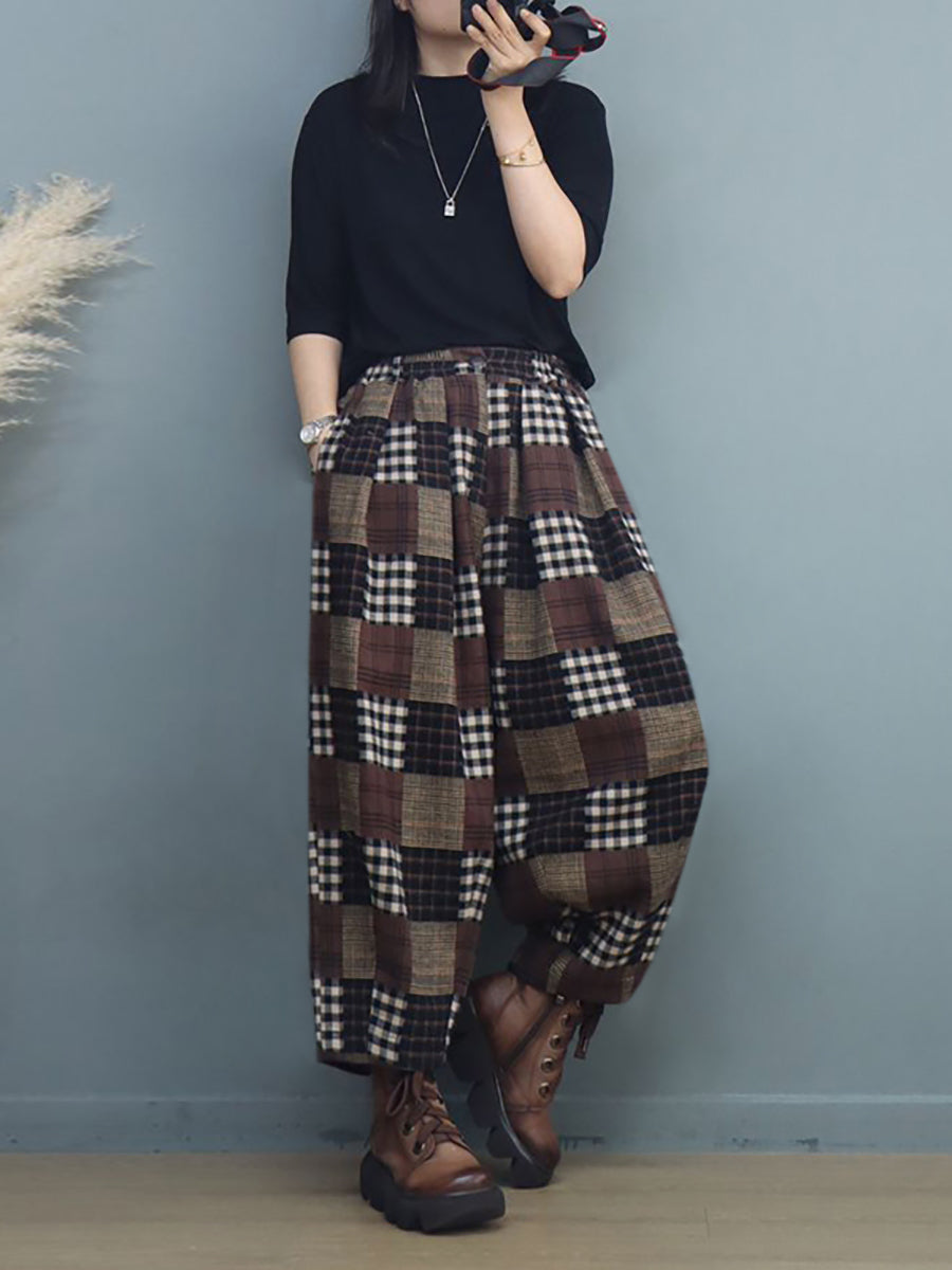 Pantaloni harem a quadri vintage autunnali da donna