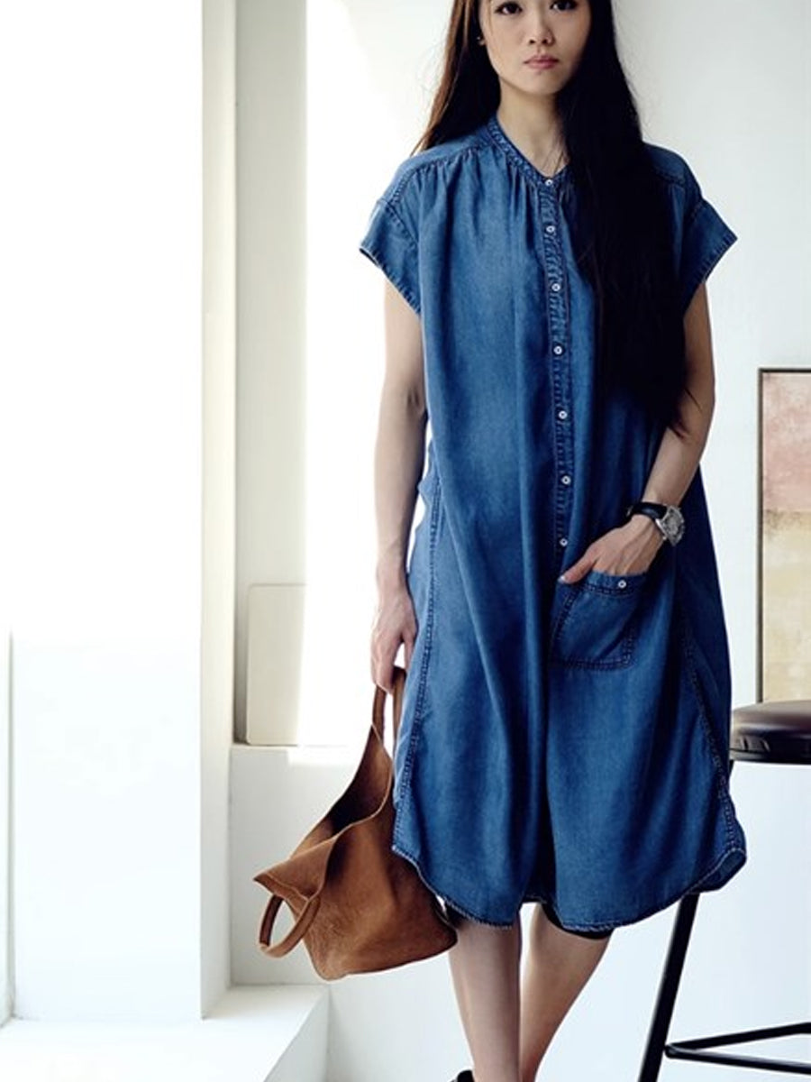 Vestito estivo casual da donna in denim blu tinta unita 