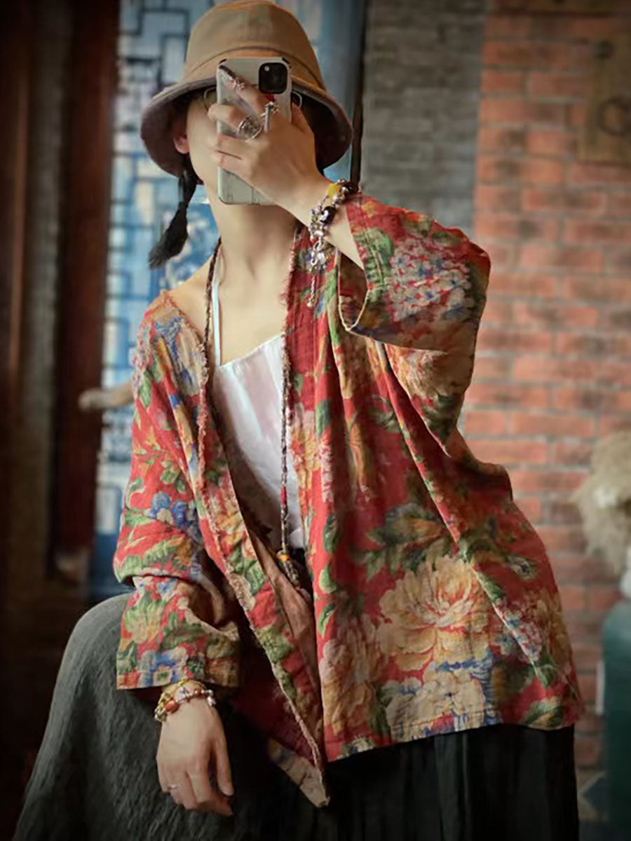 Camicia vintage ampia da donna con stampa floreale autunnale