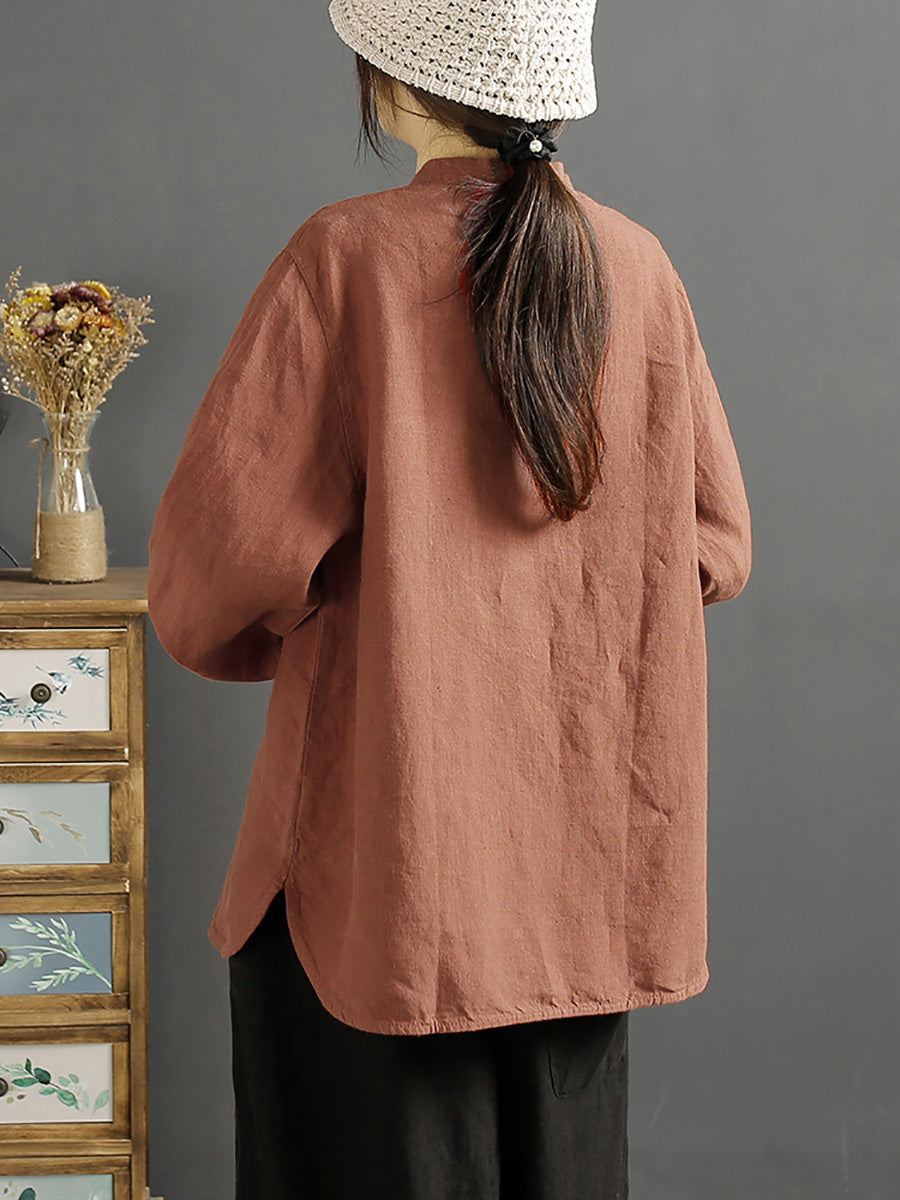 Camicia da donna in lino con bottoni e collo a V primaverile retrò