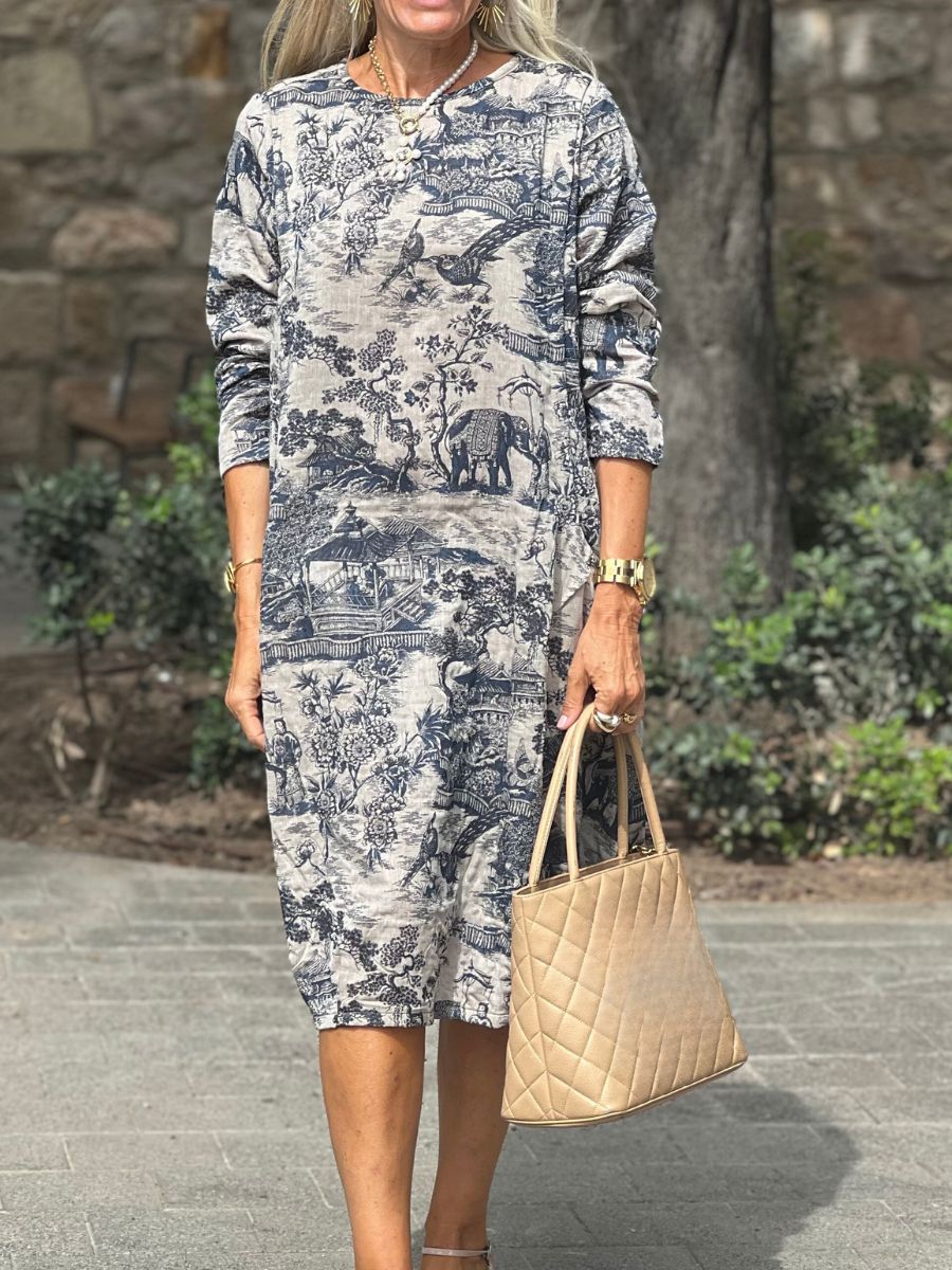 Abito lungo da donna con stampa floreale in cotone vintage casual e ampio