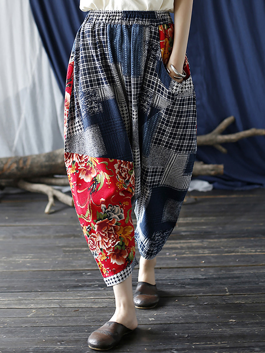 Pantalon décontracté à taille élastique pour femme à carreaux patchwork