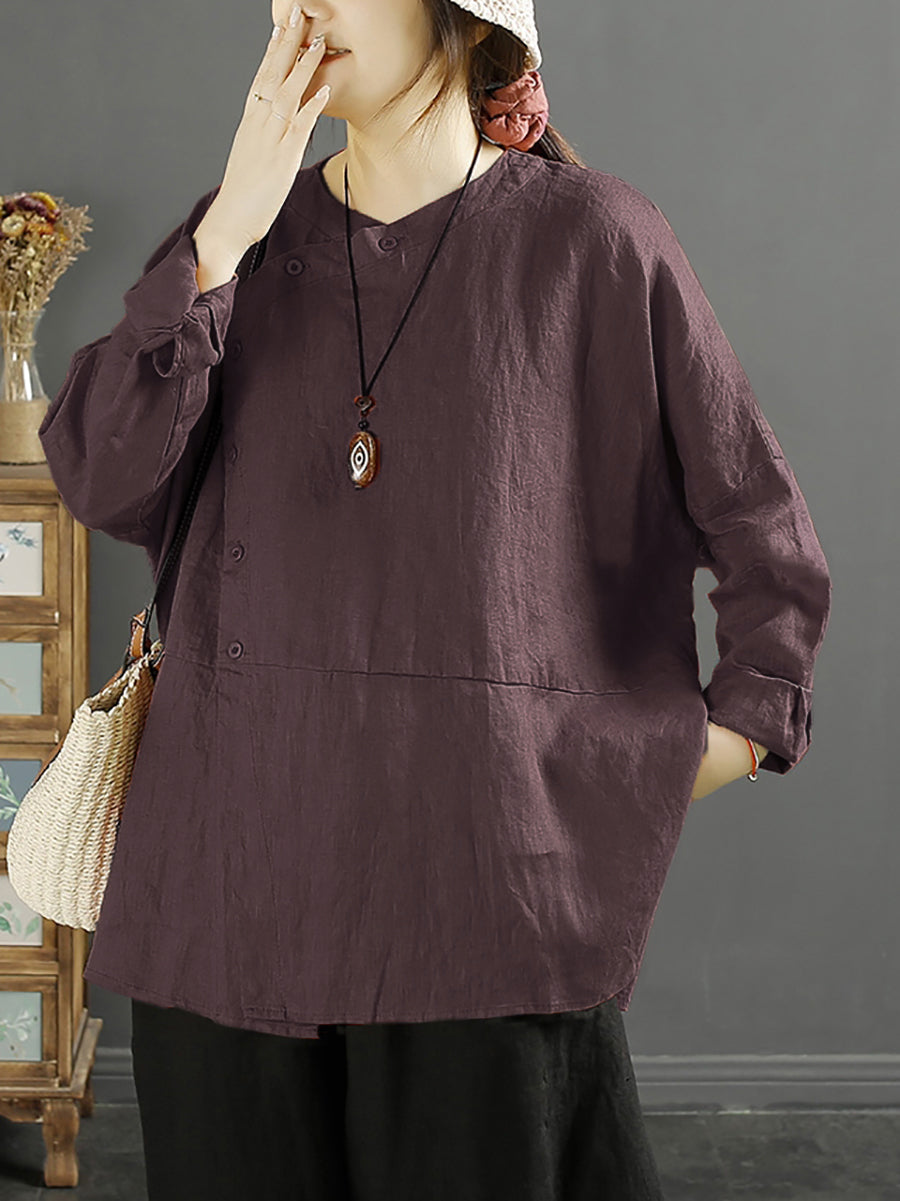 Camicia da donna in lino con chiusura inclinata vintage e tinta unita