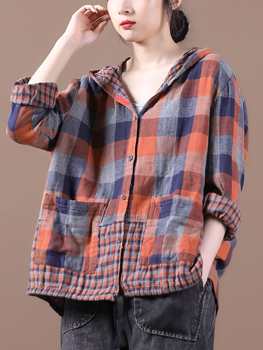 Loose Stitching Drawstring Cotton Linen Hooded Blouse Shirt