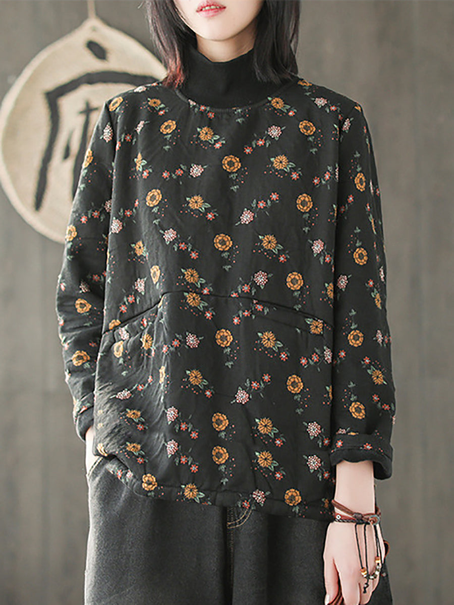 Camicia in cotone con collo a mezza altezza e fiore vintage