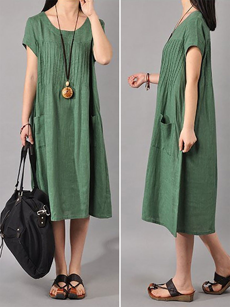 Women Cotton Linen Loose Fitting Dress in Green
