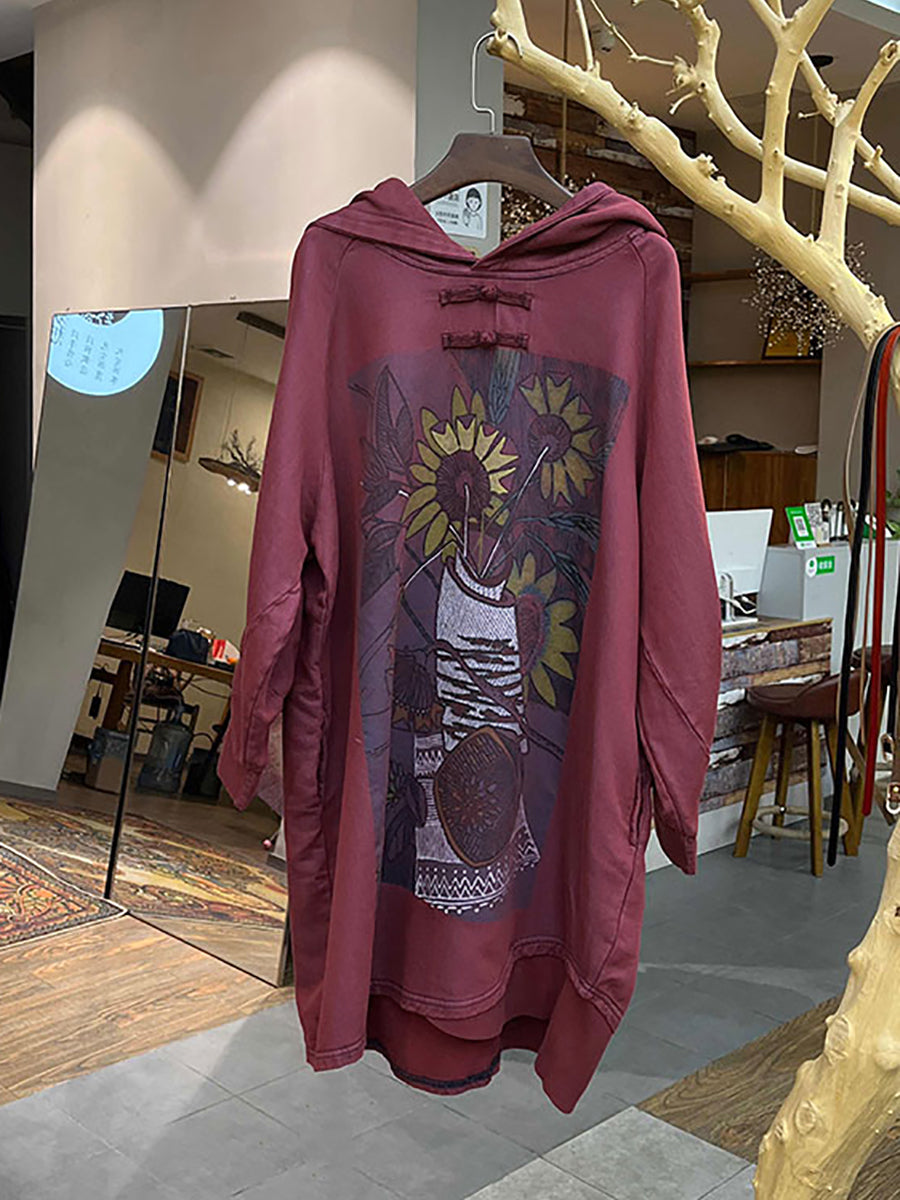 Felpa lunga con cappuccio e motivo floreale vintage da donna