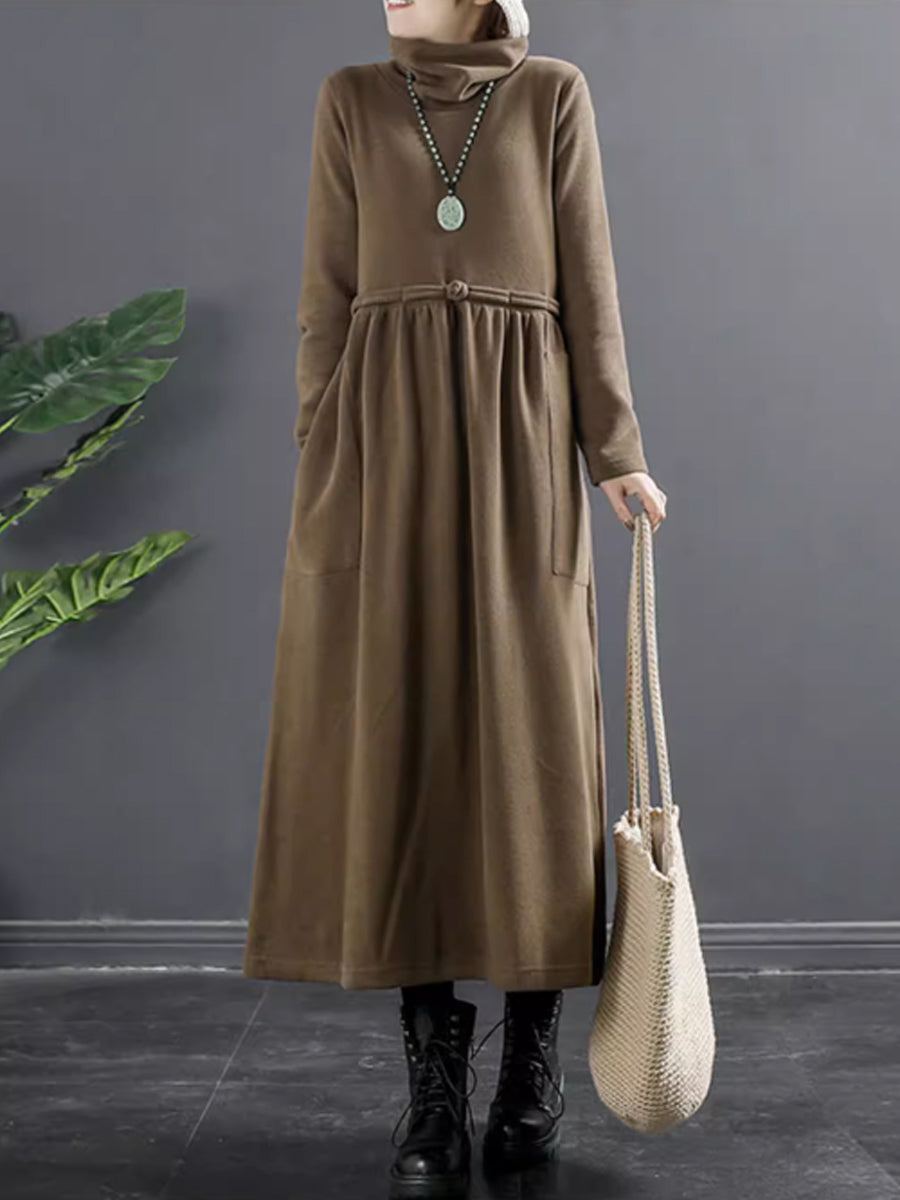Abito lungo drappeggiato con collo alto in colore puro da donna