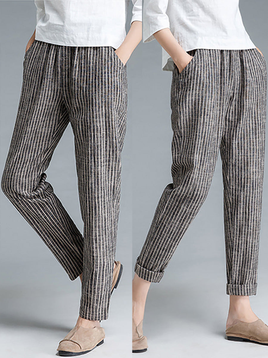 Pantaloni da donna in cotone e lino a righe