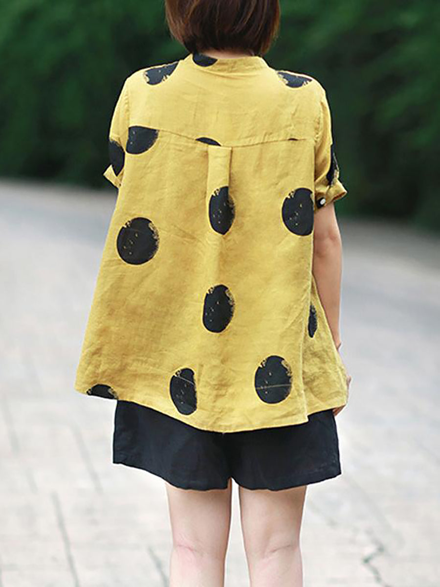 Camicia a collo alto in cotone e lino a pois