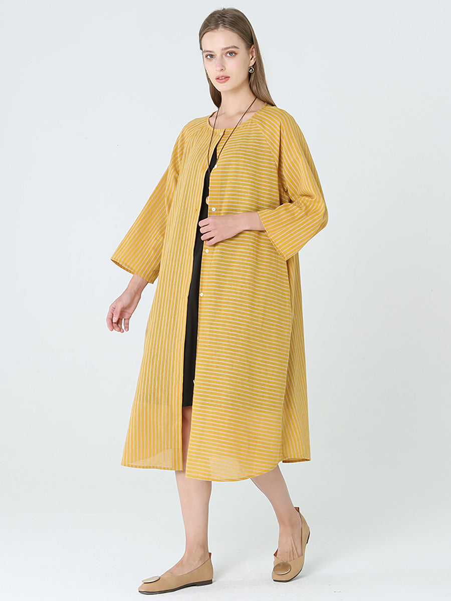 Stripe Spring Long Sleeve Single Breasted Loose Dress