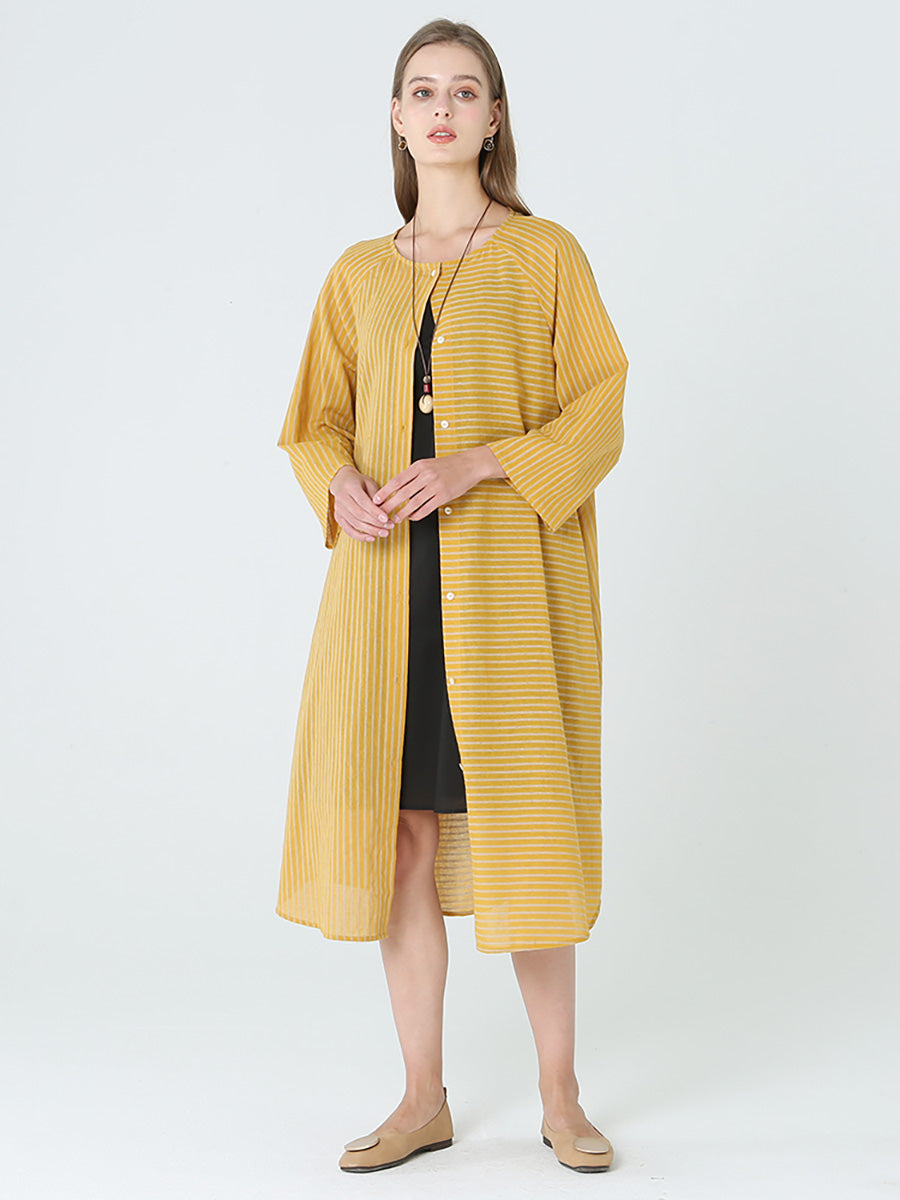 Stripe Spring Long Sleeve Single Breasted Loose Dress