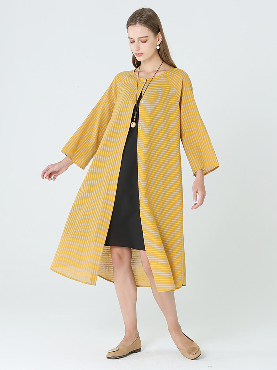 Stripe Spring Long Sleeve Single Breasted Loose Dress