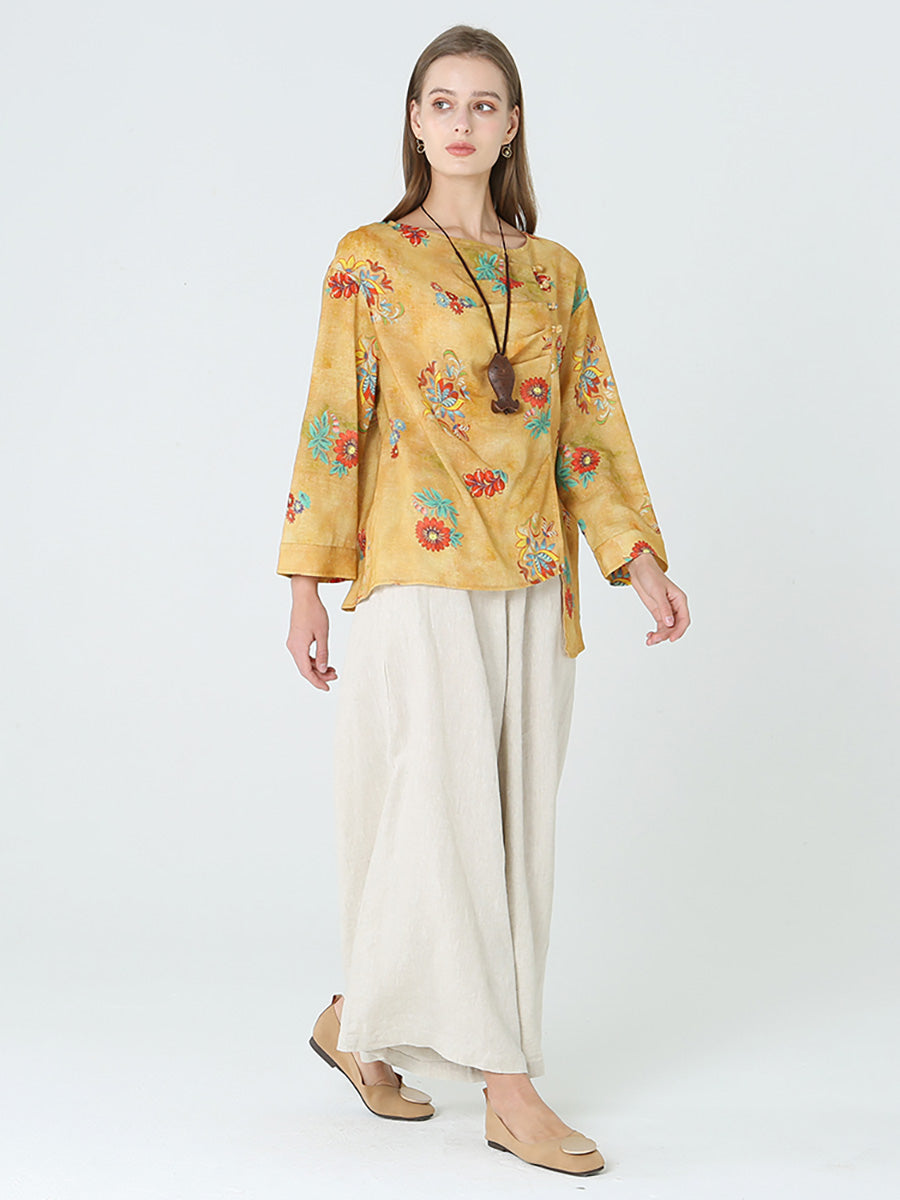 Maglietta da donna in lino con maniche lunghe e stampe floreali M2XL