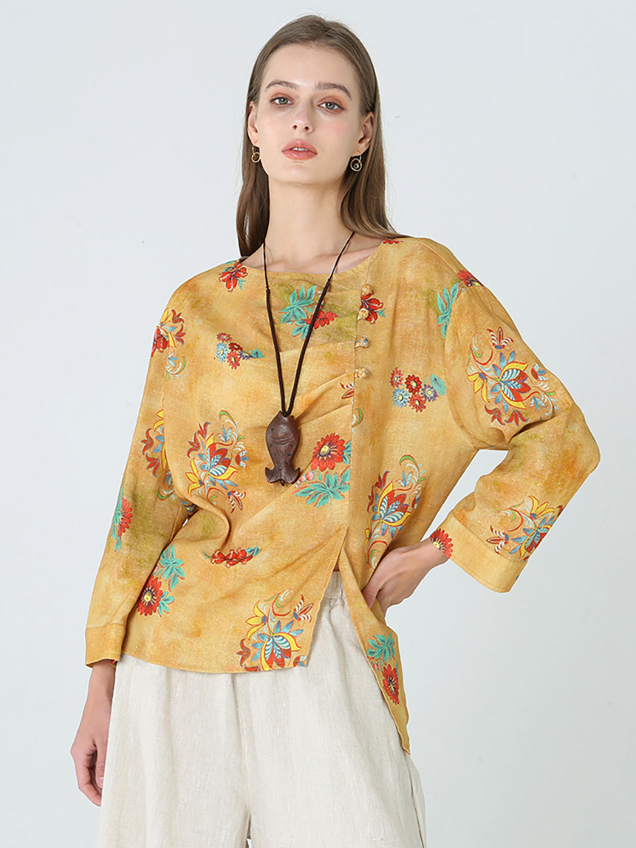 Maglietta da donna in lino con maniche lunghe e stampe floreali M2XL