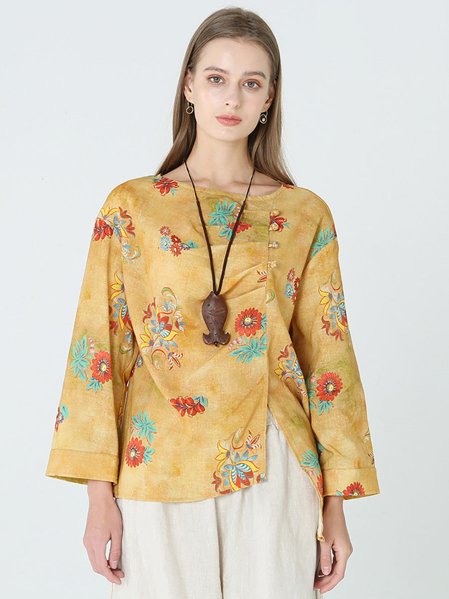 Maglietta da donna in lino con maniche lunghe e stampe floreali M2XL
