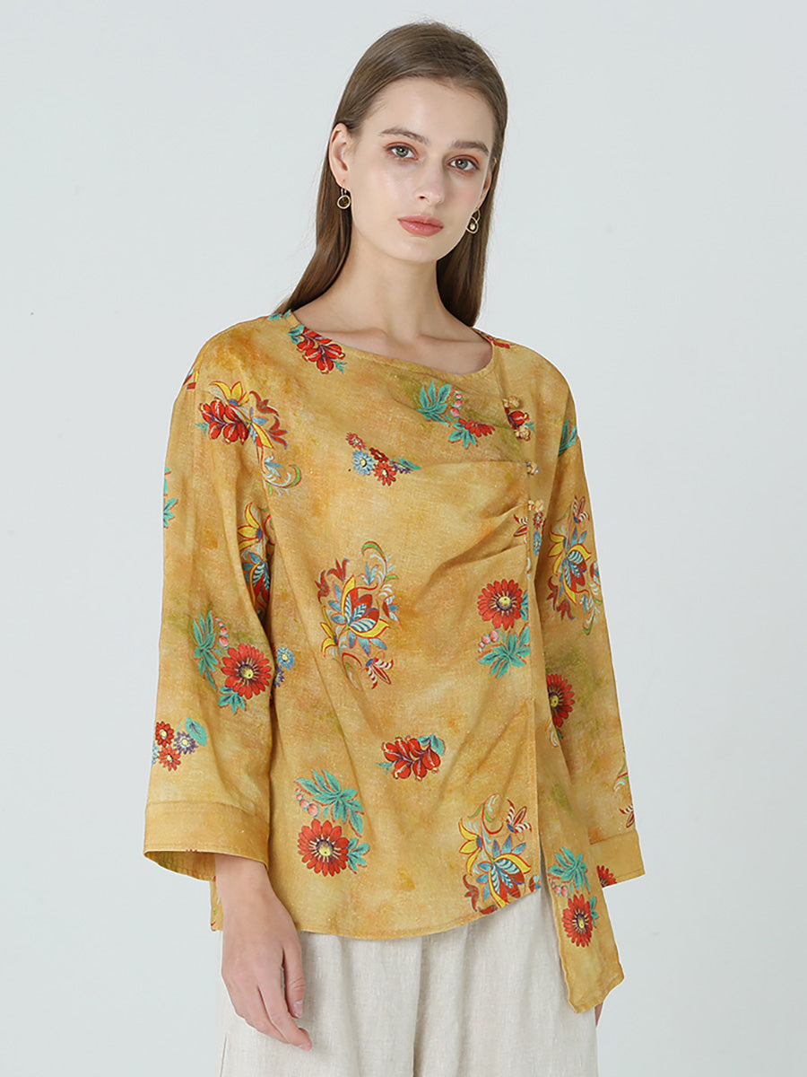 Maglietta da donna in lino con maniche lunghe e stampe floreali M2XL