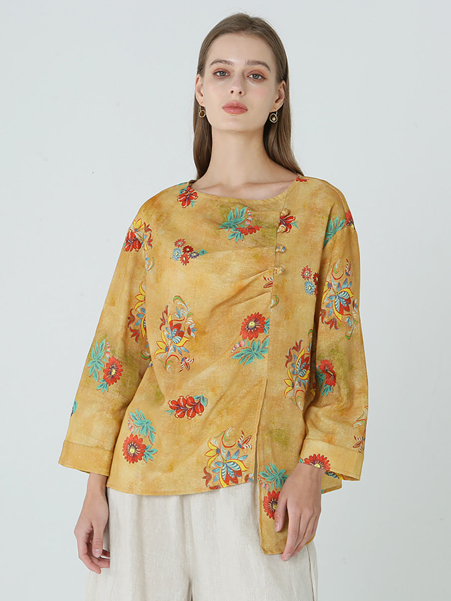 Maglietta da donna in lino con maniche lunghe e stampe floreali M2XL