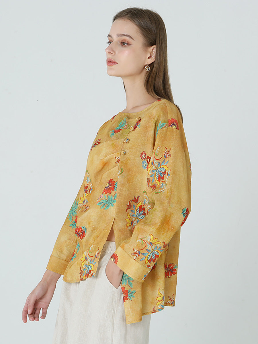 Maglietta da donna in lino con maniche lunghe e stampe floreali M2XL